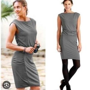 Athleta White Brown Micro Stripe Westwood Side Ruched Casual Dress